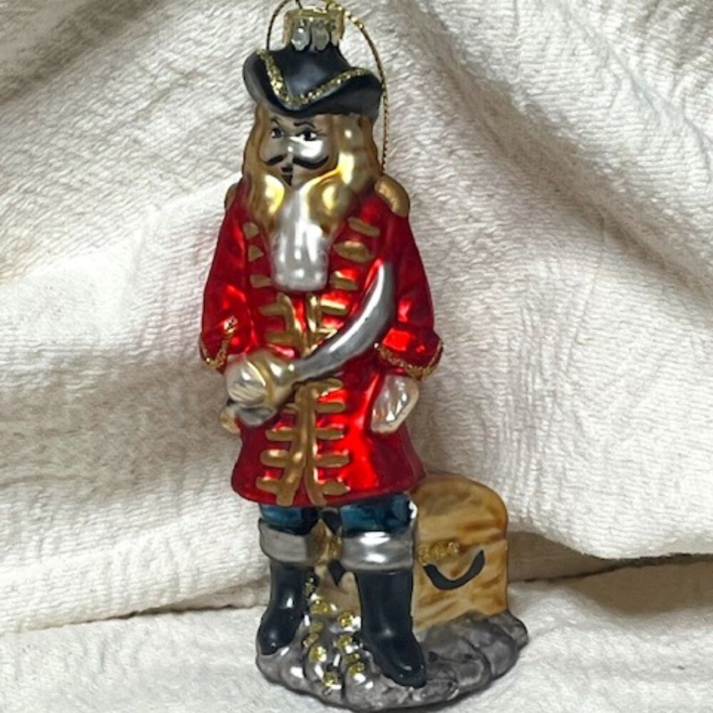 Pirate Buccaneer w/Sword Treasure Chest Glitter Christmas Glass Ornament 2"x5"